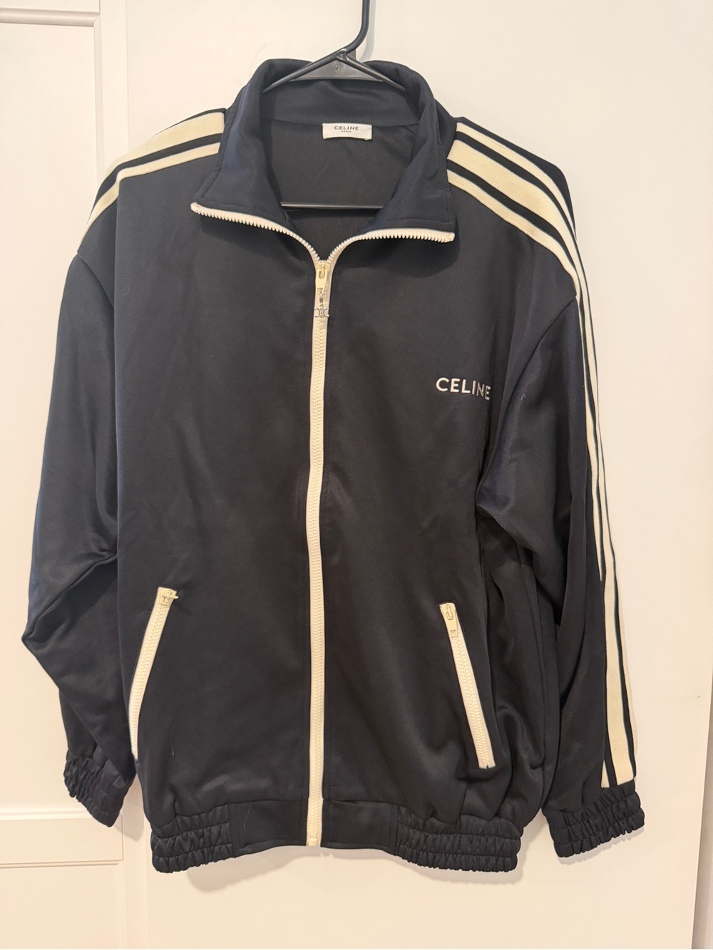 Celine Logo-Embroidered Striped Tech-Jersey Track Jacket Black & White Small